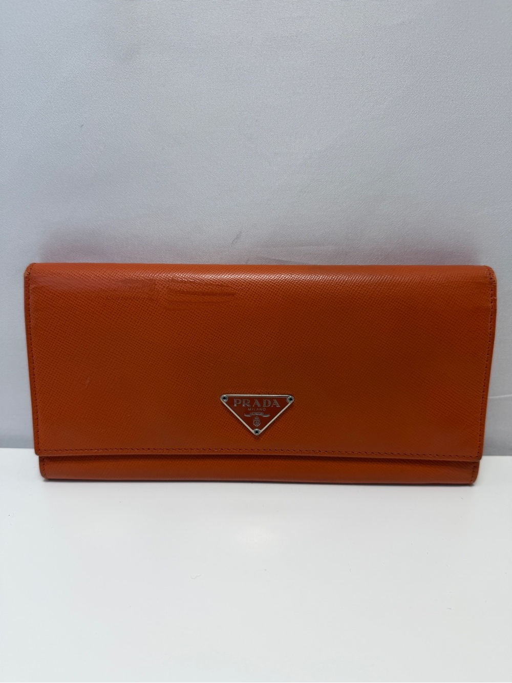 Prada Orange Saffiano Leather Continental Wallet with Triangular Logo